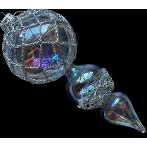 Iridescent Blown Glass Ornament With Silver Glitter Net Design 7.5”